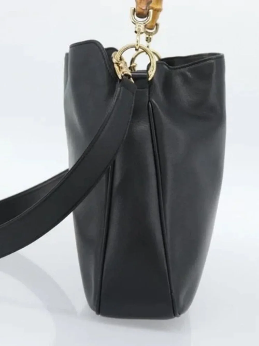 GUCCI Bamboo Shoulder Bag Leather 2way Black Gold 001 1638 2058 Auth ep15046